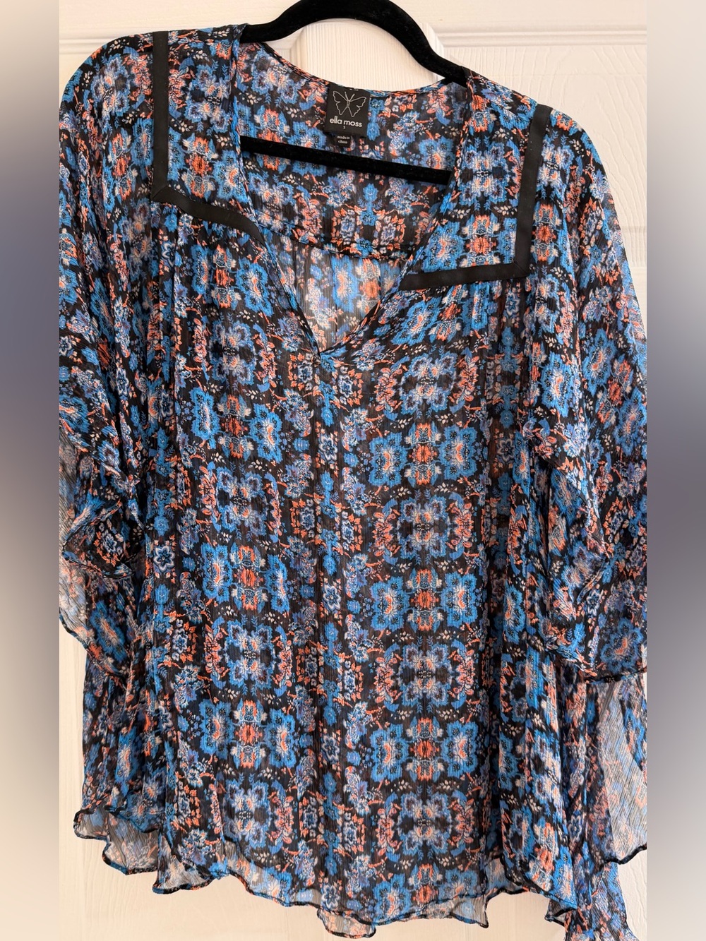 Ella Moss Blue and Black Floral Print Sheer Blouse